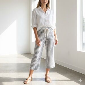 Splendid blue & white striped cotton linen wide leg cropped pants - Large
